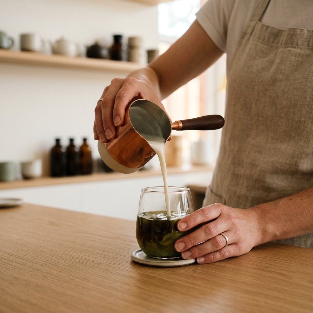 A tea artisan shaking a milk tea with precision at the counter
